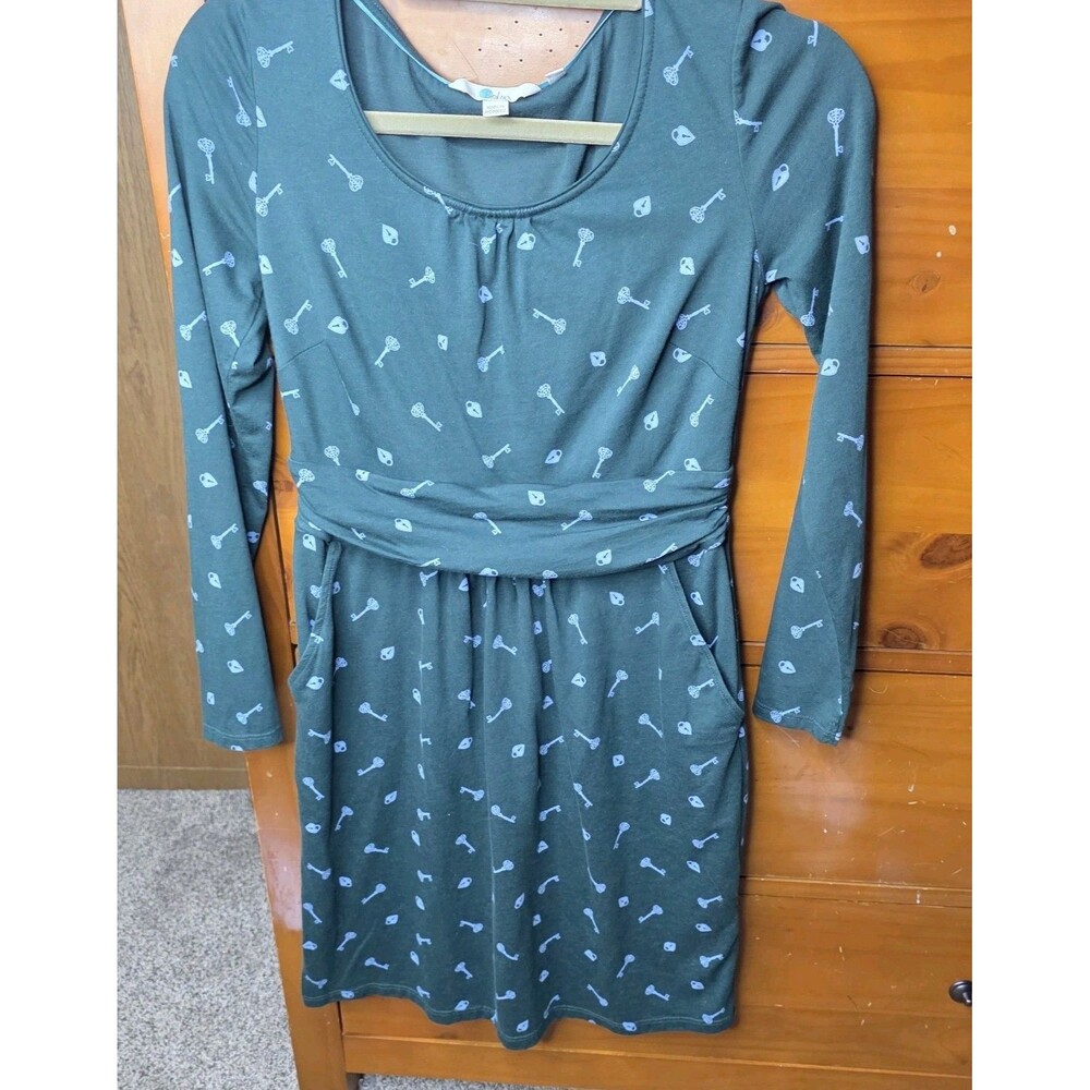 Boden Jersey Dress Size 6 Petite Green Jersey Heart Lock Key Design Long Sleeve
